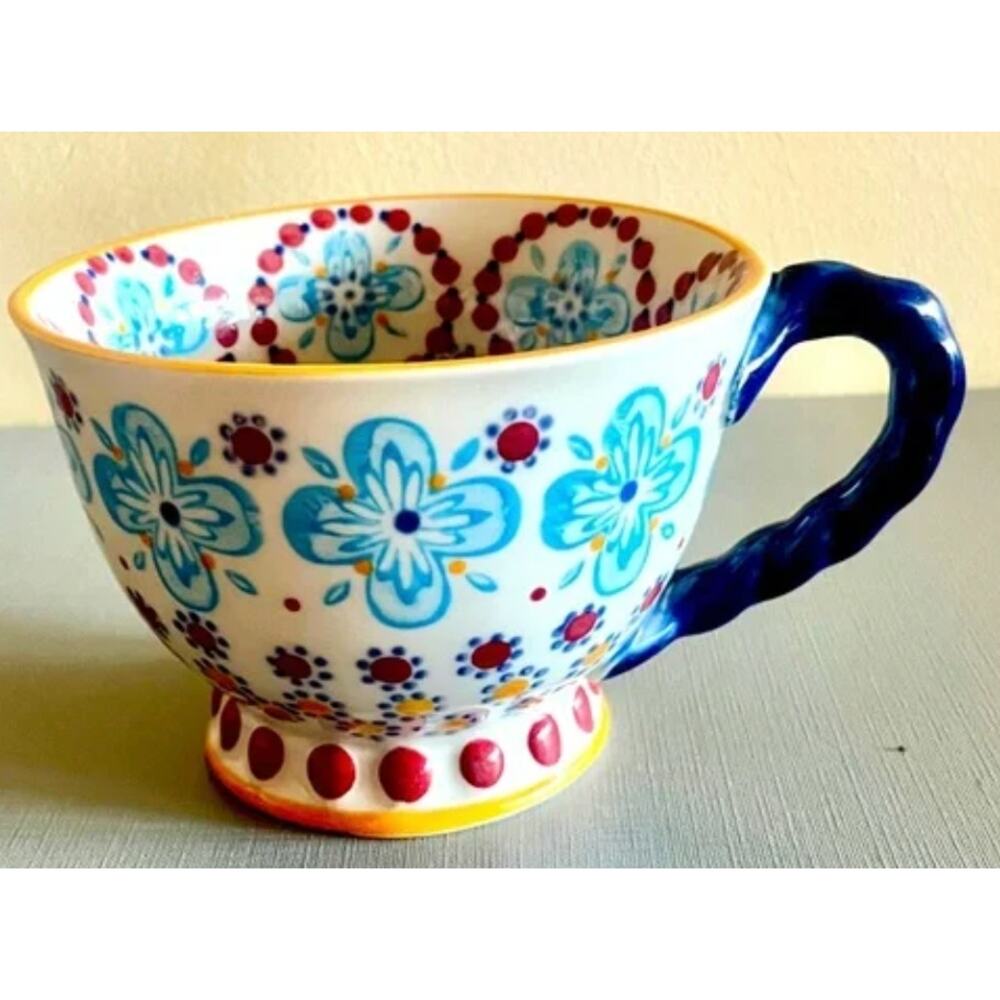 Anthropologie Elka Floral Twist Pedestal Cup Mug Floral Blue and Red Ceramic Mug